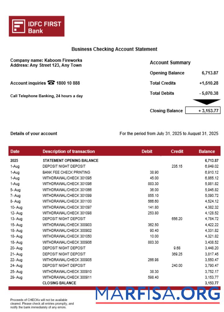 Blank IDFC First enterprise account statement Word and PDF format template